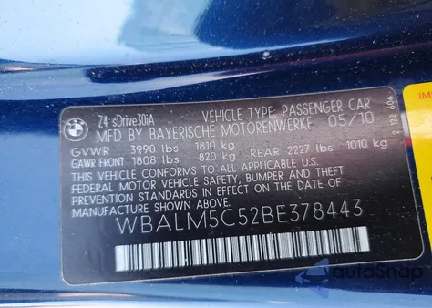 2011 BMW Z4 Sdrive30I z USA, uszkodzony, nr VIN WBALM5C52BE378443